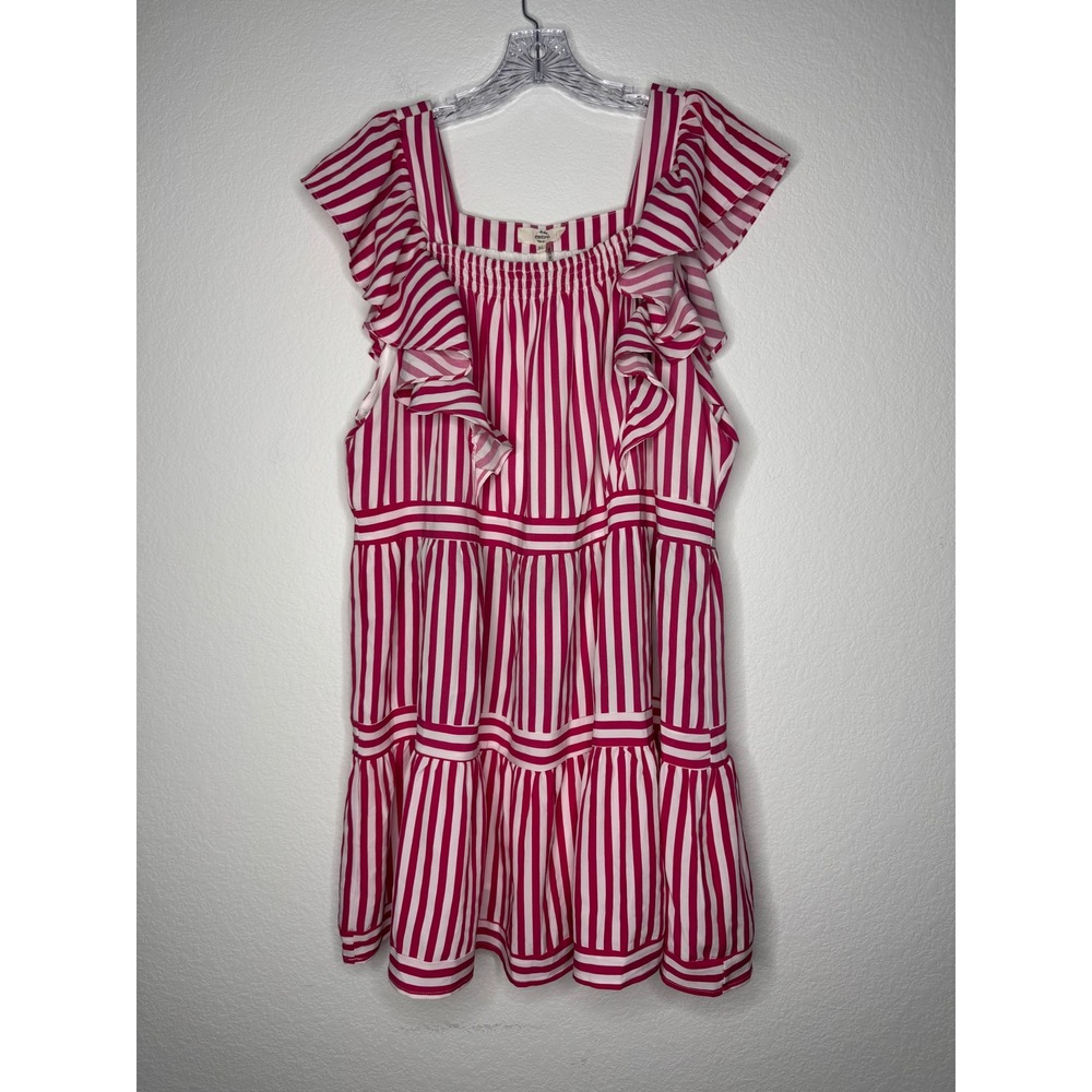 Entro Pink White Striped Ruffle Tiered Babydoll Mini Dress XL Summer Sundress